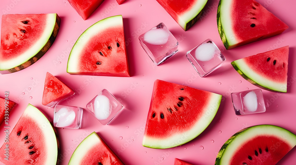Fresh watermelon slices with ice cubes on a pink background, evoking a refreshing summer treat. Fresh watermelon slices with ice cubes on a pink background, evoking a refreshing summer treat.