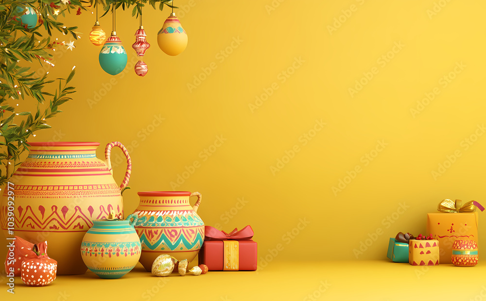 3D rendering of traditional clay pots with vibrant patterns, arranged on an empty yellow background for a Pongal celebration. The scene includes decorated gifts and hanging lights, 