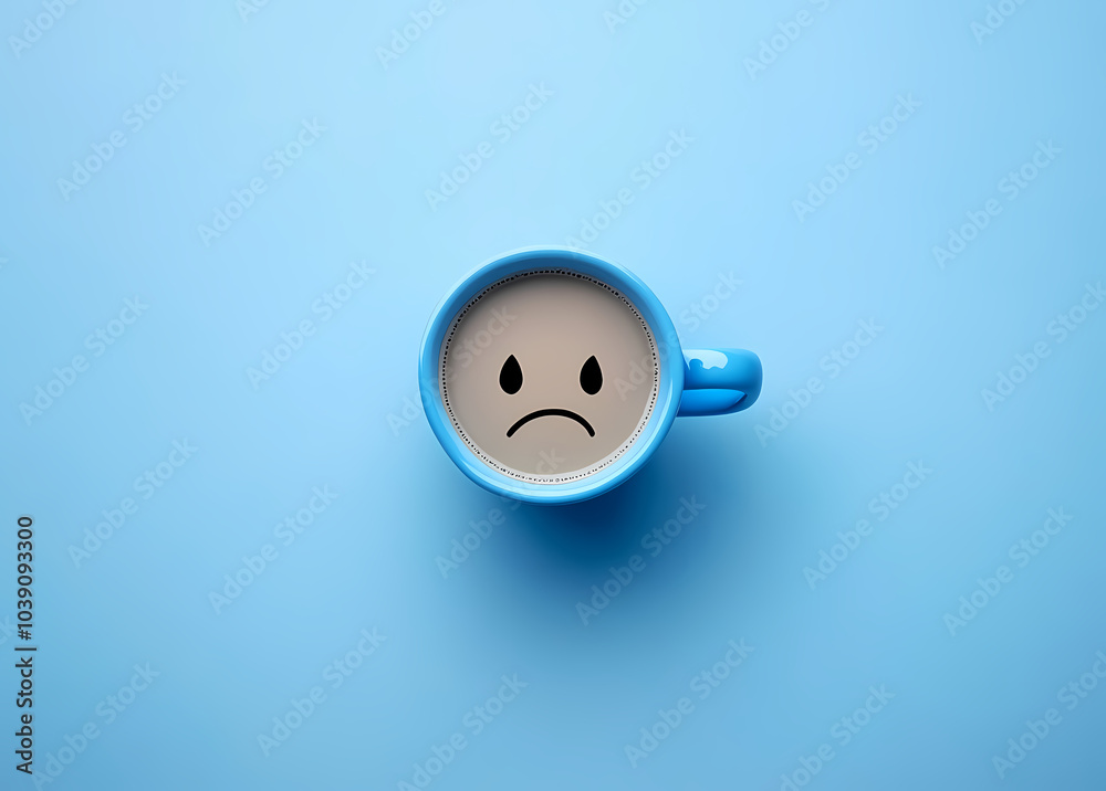 A cup of coffee with a sad face on a blue background, top view, flat lay, photorealistic, high resolution, professional photograph, stock photography, studio lighting, sharp focus, highly AI Editing. A cup of coffee with a sad face on a blue background, top view, flat lay, photorealistic, high resolution, professional photograph, stock photography, studio lighting, sharp focus, highly AI Editing.