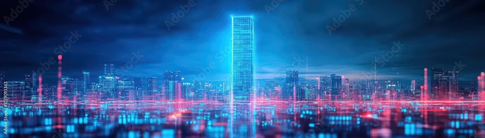 Fototapeta premium A futuristic city skyline with one towering building standing out, symbolizing corporate success, cyberpunk, neon blue accents