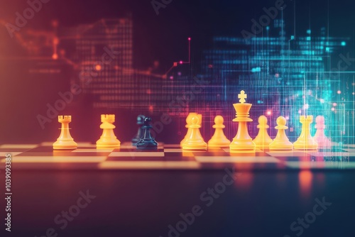 A chessboard with glowing, AIcontrolled pieces representing market competition, futuristic 3D rendering, dark tones