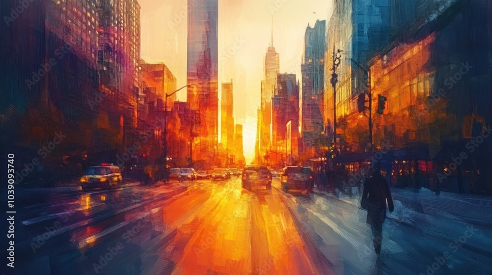 A vibrant cityscape with a glowing sunset and a bustling street scene. A vibrant cityscape with a glowing sunset and a bustling street scene.