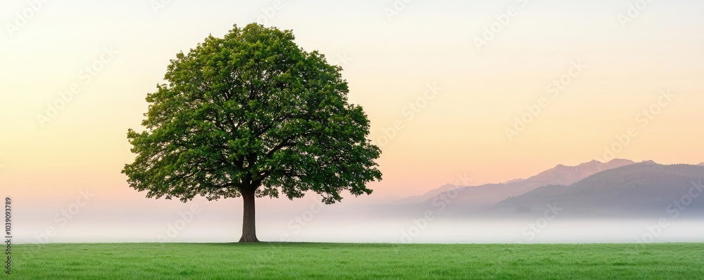 Lone tree in a serene landscape with soft morning light and distant mountains. Lone tree in a serene landscape with soft morning light and distant mountains.