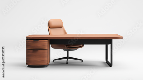 Modern wooden desk with stylish ergonomic chair, perfect for contemporary office setup. sleek design and warm tones create welcoming workspace.