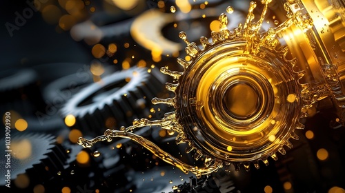 Golden Oil Splash on Gears - Industrial Lubrication