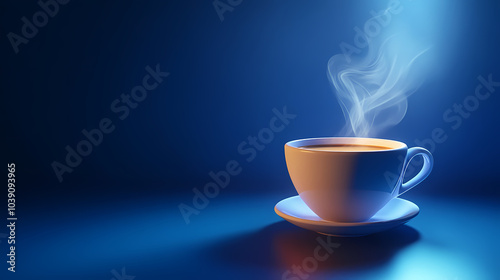 A cup of coffee on the table, with a blue background and a spotlight effect. The color is bright, with a dark tone. There's steam coming out from inside it. A plain white plate is under t AI Editing.