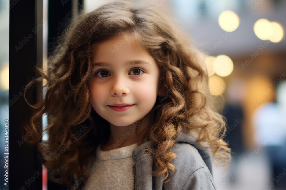 Portrait of a beautiful little girl with curly hair in a cafe Portrait of a beautiful little girl with curly hair in a cafe