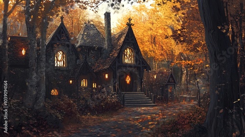 A quaint, gothic-style cottage is nestled among vibrant autumn trees, their leaves showcasing shades of orange, yellow, and deep red. The building features a steeply pitched roof adorned with intricat photo