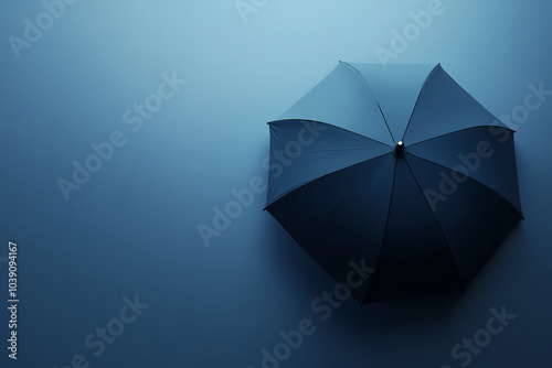 Blue umbrella on a gradient background with a shadow, studio shot. High-resolution photo. 3D rendering. 4k