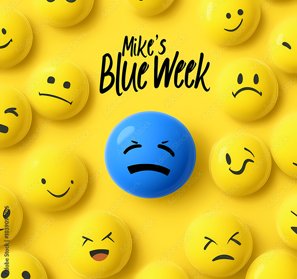 Fototapeta premium Blue background with yellow smiley faces and one sad face, text 
