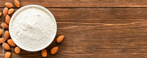 Almond flour in bowl with whole almonds on wooden table.