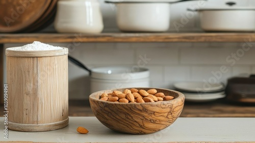 Almonds in wooden bowl with flour jar, rustic kitchen background. photo