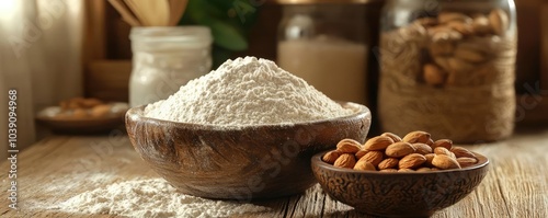 Almonds and flour in wooden bowls on a rustic kitchen table photo