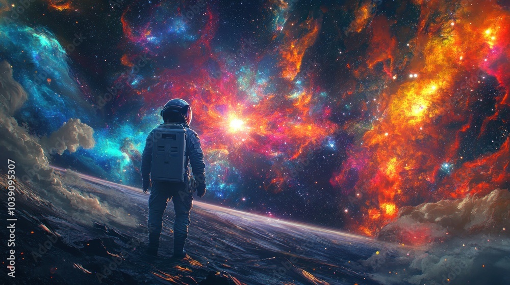 An astronaut stands on a distant planet, gazing at a breathtaking cosmic panorama of swirling nebulae and stars. An astronaut stands on a distant planet, gazing at a breathtaking cosmic panorama of swirling nebulae and stars.