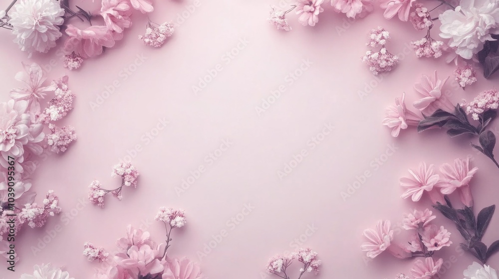 Fototapeta premium Pink floral frame with pastel flowers on soft background, capturing the essence of girlhood design