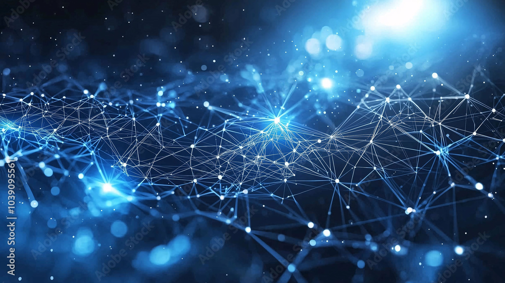 Interconnected digital nodes and lines in blue light symbolizing network infrastructure and data transfer. Interconnected digital nodes and lines in blue light symbolizing network infrastructure and data transfer.