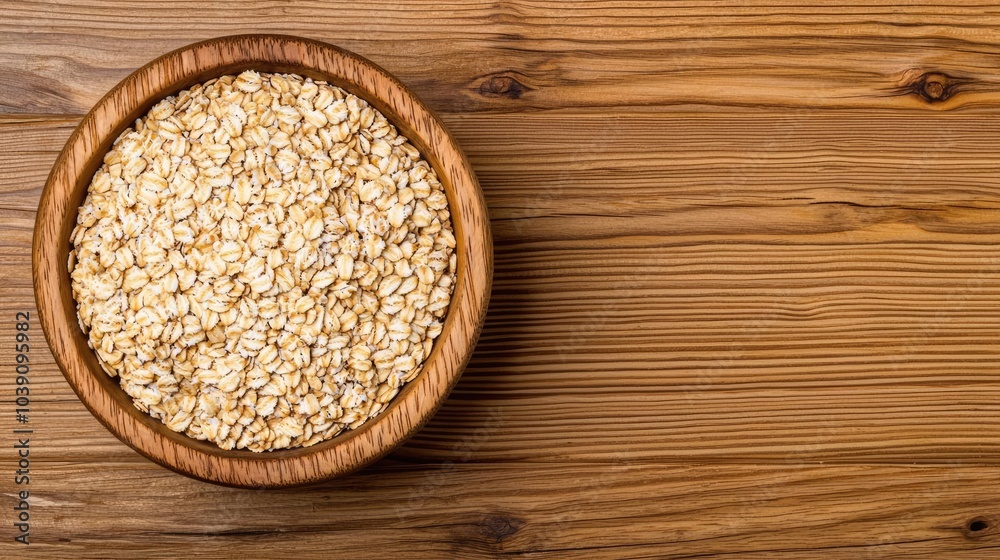 Wooden bowl filled with oats on a wooden surface, healthy natural food. Wooden bowl filled with oats on a wooden surface, healthy natural food.