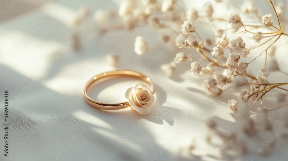 Elegant gold ring with delicate rose and baby's breath flowers in sunlit soft focus, symbolizing timeless beauty and girlhood design