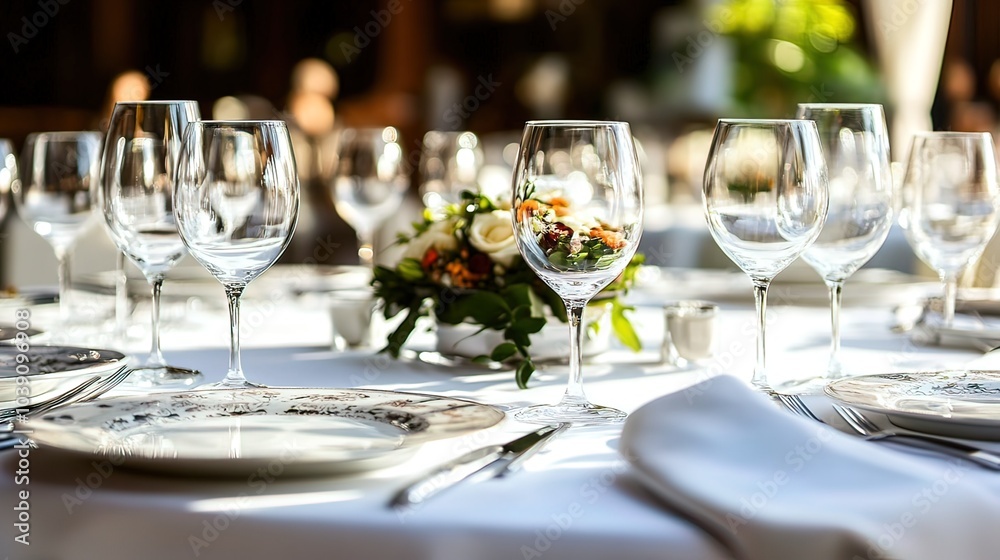 Elegant Table Setting with Wine Glasses and Floral Centerpiece Elegant Table Setting with Wine Glasses and Floral Centerpiece