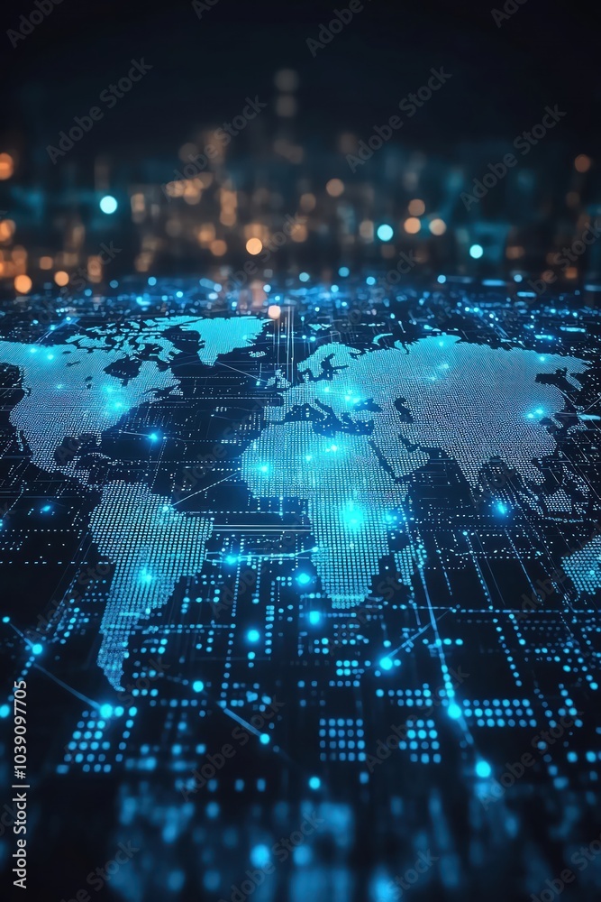 custom made wallpaper toronto digitalDigital map of the world, blue glowing data points, global connectivity
