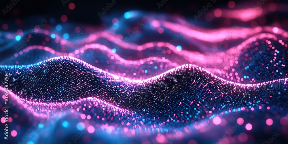 Flowing neon waves of digital data, pink and blue lights in motion