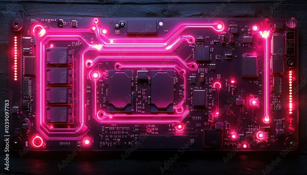 Futuristic neon circuit board with glowing pink lines Futuristic neon circuit board with glowing pink lines