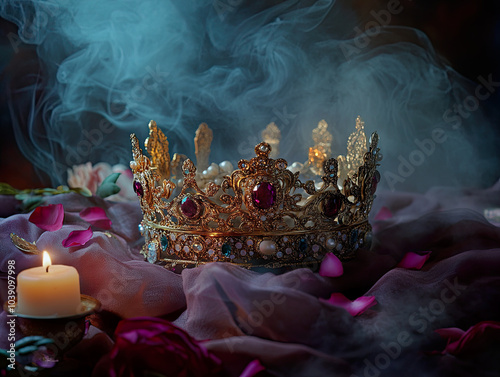 Metal fantasy crown with jewels in a mystical setting.