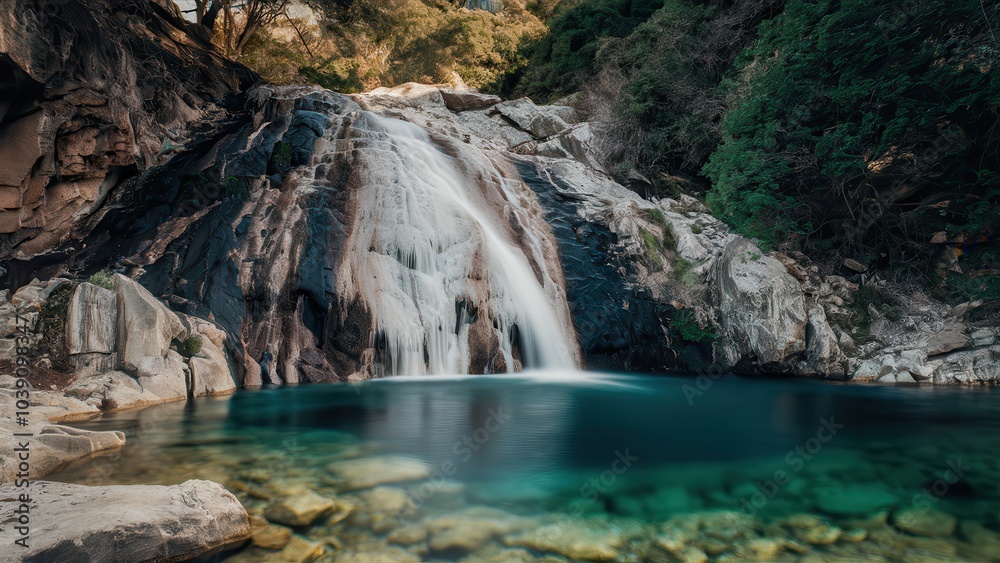 Naklejka premium Cascading waterfall over rocks into a calm pool surrounded by forest greenery