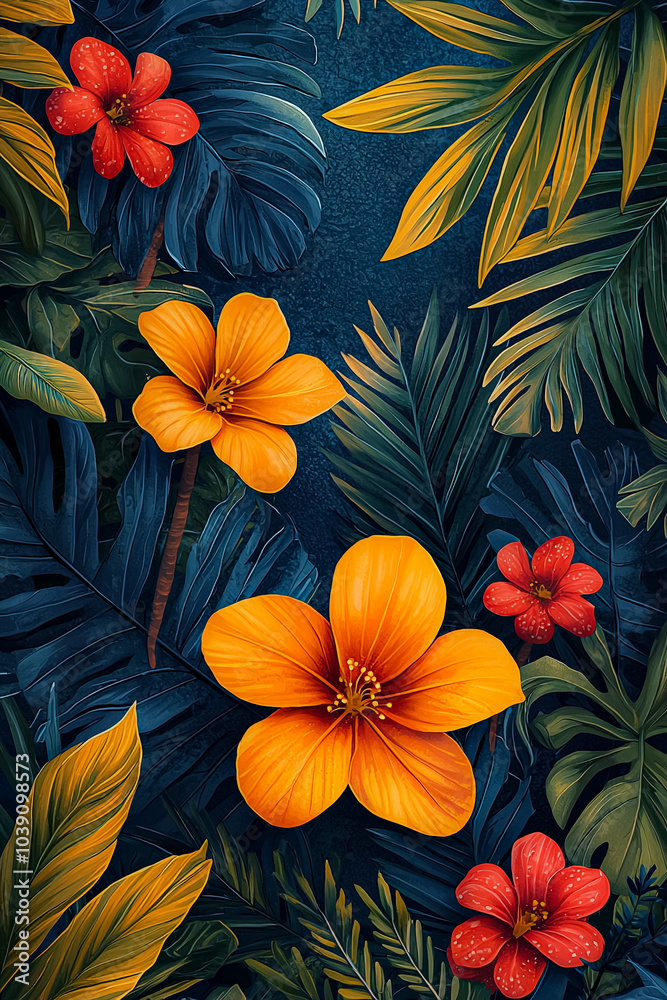 Red and yellow floral pattern featuring vibrant hibiscus and poppy flowers, perfect for summer-themed wallpaper or decoration Red and yellow floral pattern featuring vibrant hibiscus and poppy flowers, perfect for summer-themed wallpaper or decoration