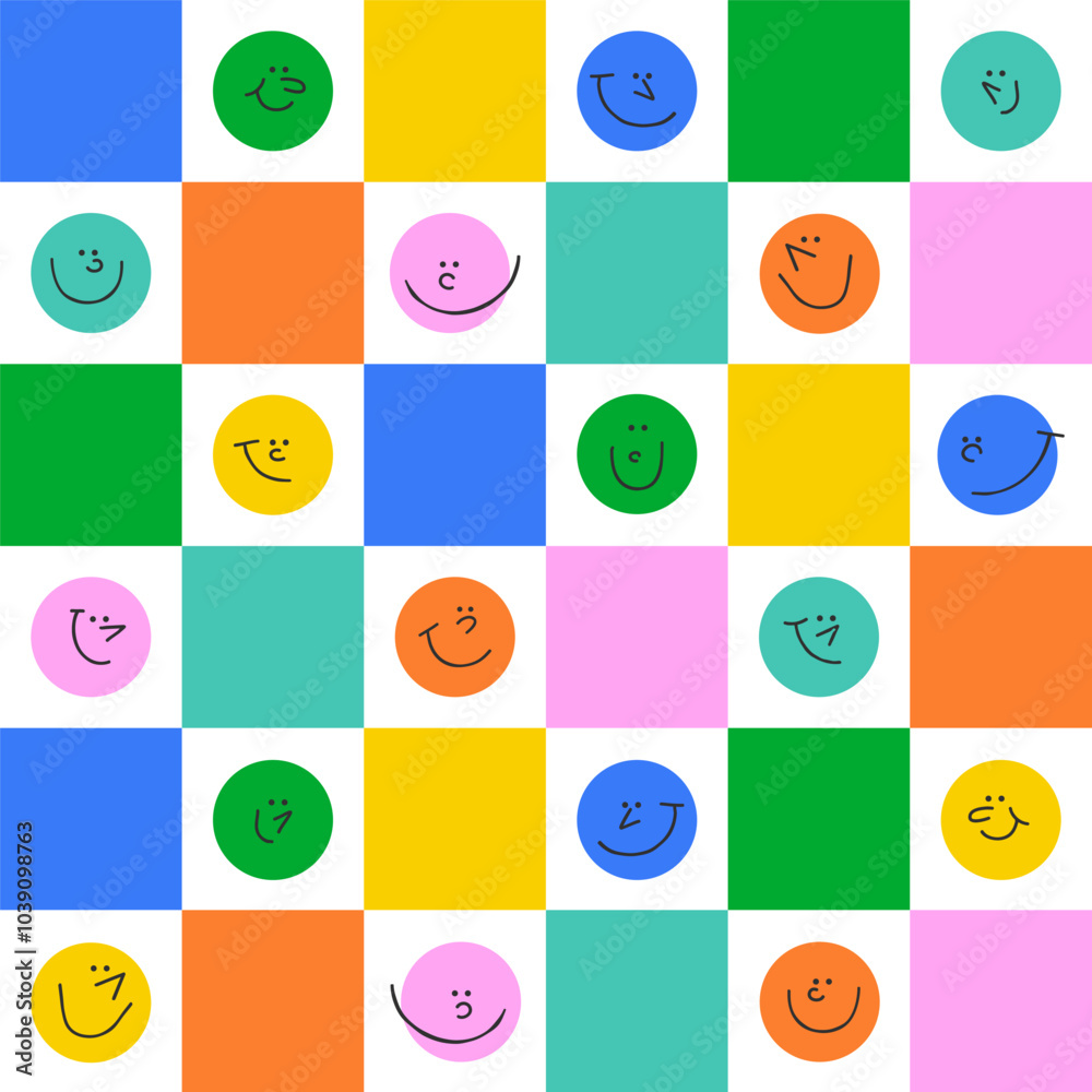 Funny smiling happy face colorful checkered seamless pattern. Diverse ...