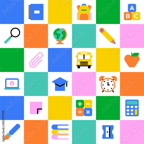 Colorful back to school geometric mosaic seamless pattern. Modern flat education cartoon icon background, fun study concept wallpaper print. Children stationery texture, art supplies symbol design.