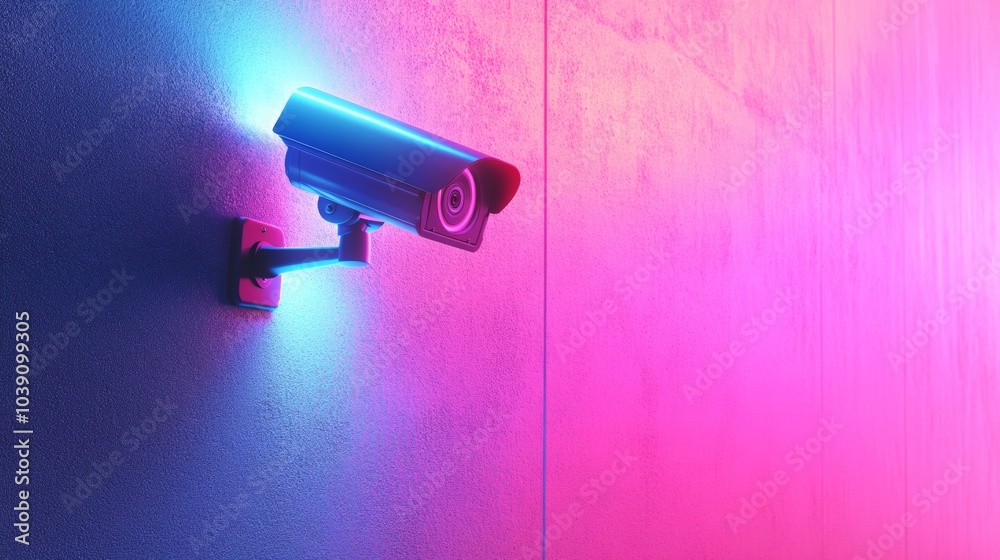 Neon-Illuminated Surveillance. Modern Security in Pink and Blue Neon-Illuminated Surveillance. Modern Security in Pink and Blue