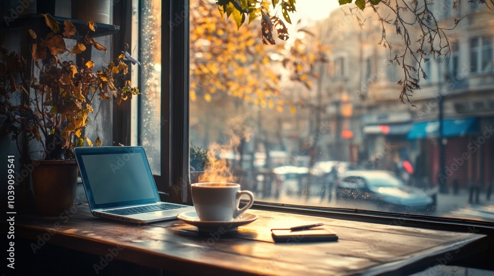A cup of coffee with steam, a laptop, and a notebook on a wooden table in a cafe, with a busy city street view outside the window. A cup of coffee with steam, a laptop, and a notebook on a wooden table in a cafe, with a busy city street view outside the window.