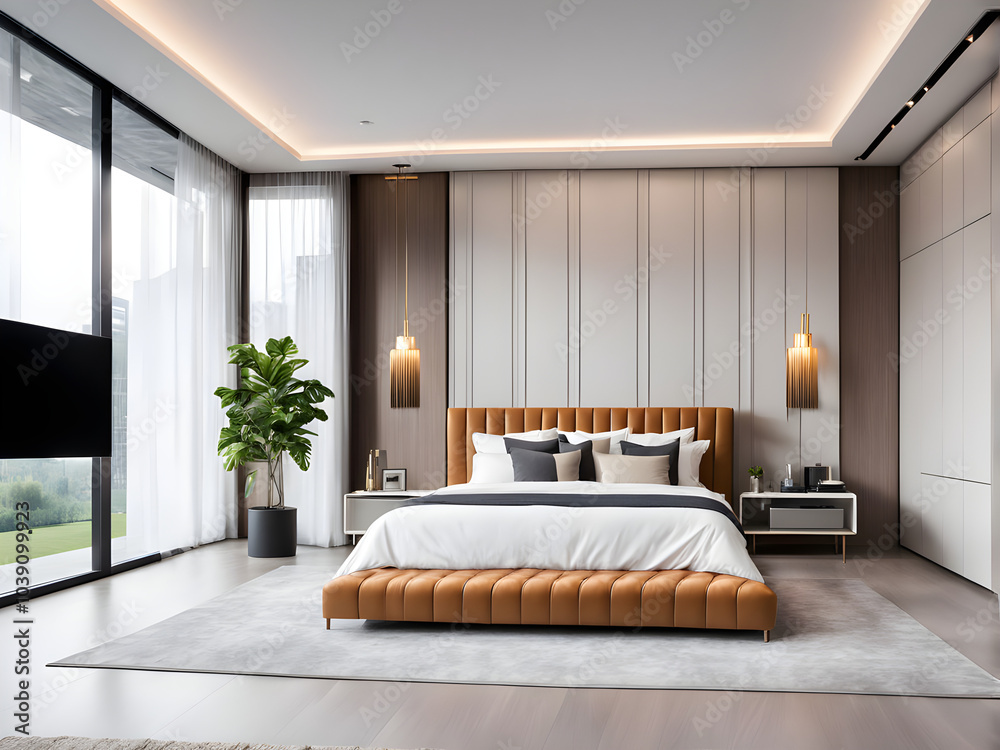 Fototapeta premium Luxurious Bright Bedroom With Comfortable King Size Bed and Modern Furniture. Template For Expensive Residential Mansion. Concept For Interior And Architecture.