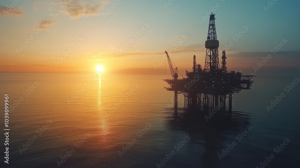 A silhouette of an offshore oil rig against a colorful sunset over the ocean. A silhouette of an offshore oil rig against a colorful sunset over the ocean.