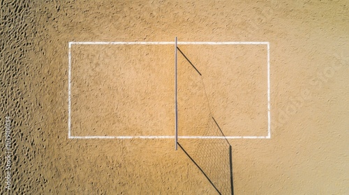 A volleyball court with sand surface, outdoor setting with beach view, Coastal style