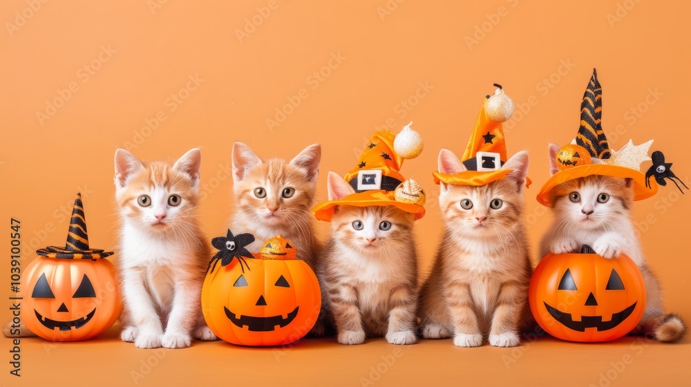 Fototapeta premium Halloween decorations, pumpkins, Cats, kittens, animals, pets, cats, cats, cats, cats, domestic, isolated, kittens, pets, fall, holiday, night, orange, Moon, scary, celebration, lantern, vector, evil,