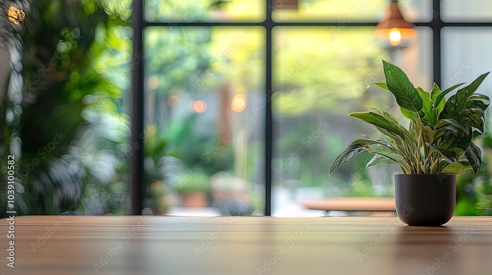 Green Plant on Wooden Table with Blurred Window View Green Plant on Wooden Table with Blurred Window View