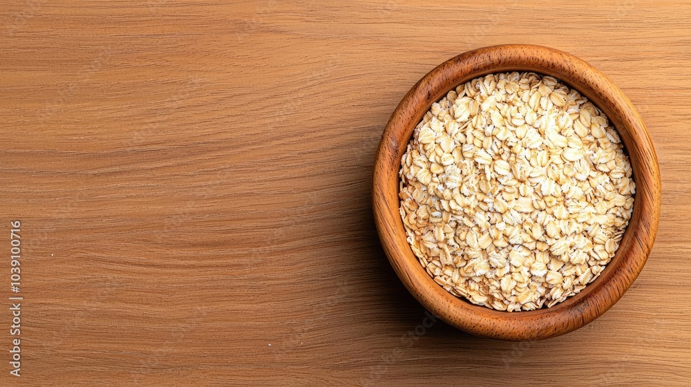 Oats in a wooden bowl on a rustic wooden surface, natural ingredients.