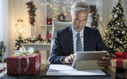 Mature business man working with xmas present and gift on desk. Successful formal businessman using digital tablet to send an email. Happy entrepreneur working in office during christams holiday.