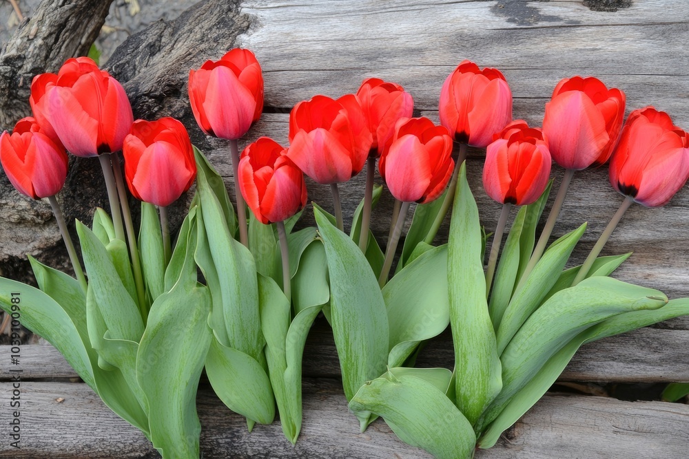 Beautiful red tulips on wood background - generative ai Beautiful red tulips on wood background - generative ai