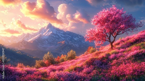 A tranquil landscape scene featuring a majestic mountain backdrop under a vibrant sky filled with pastel-colored clouds at sunset. In the foreground, a lush field is adorned with a dense carpet of blo photo