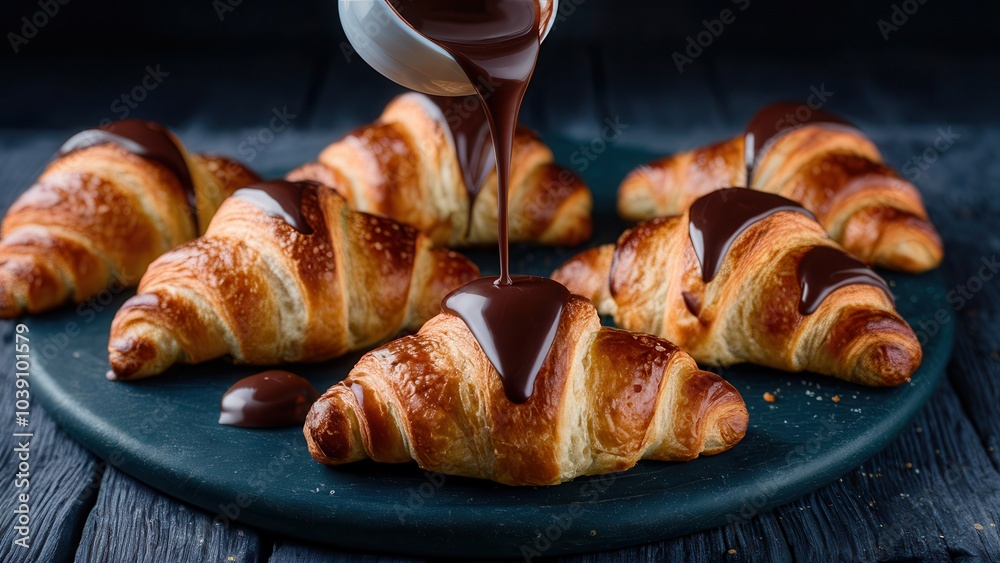 Close-up of croissants topped with melted chocolate and crunchy topping on a plate Close-up of croissants topped with melted chocolate and crunchy topping on a plate