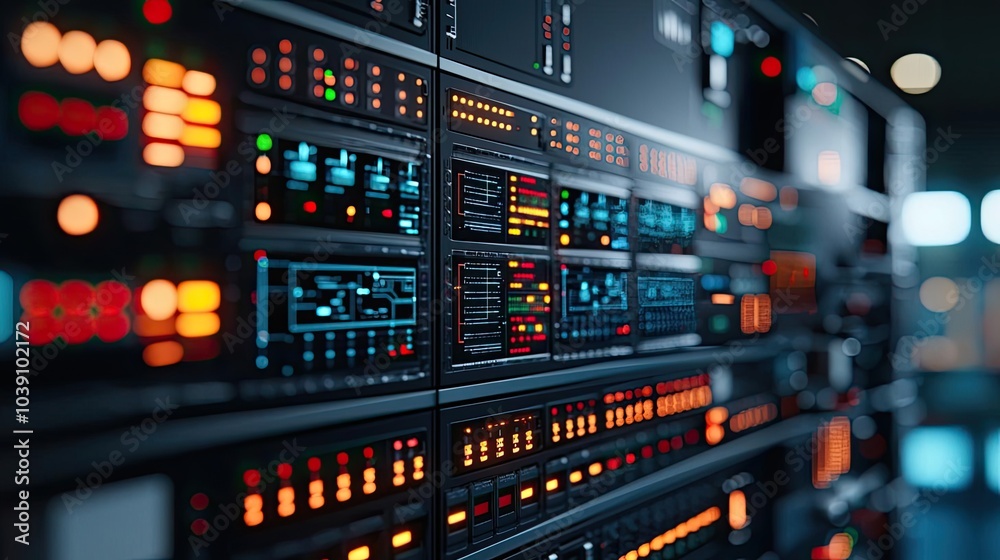 Close-up of a modern server panel with glowing buttons and indicators. Close-up of a modern server panel with glowing buttons and indicators.