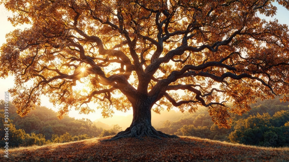 Majestic oak tree with autumn leaves against a beautiful sunset backdrop. Majestic oak tree with autumn leaves against a beautiful sunset backdrop.