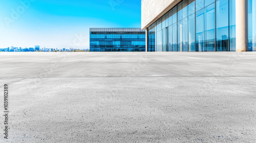 realistic photograph of empty concrete surface with modern building backdrop.