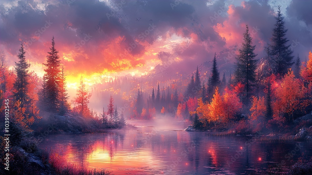 A breathtaking landscape at sunset, showcasing a tranquil river flowing through a dense forest. The foreground features vibrant autumn foliage with shades of orange, red, and yellow, contrasting beaut