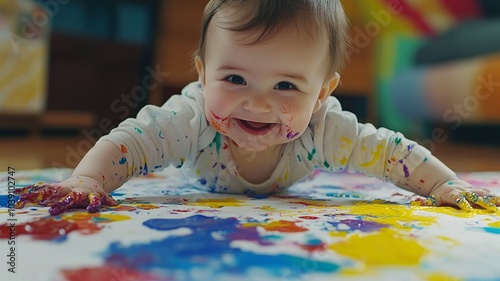 Wallpaper Mural A cute baby playing with colorful paint, sitting on the floor with paint smudges on their hands and face, joyfully exploring creativity Torontodigital.ca
