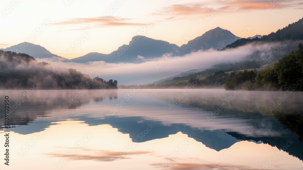 Serene lake reflecting mountains at sunrise with gentle mist and soft colors. Serene lake reflecting mountains at sunrise with gentle mist and soft colors.