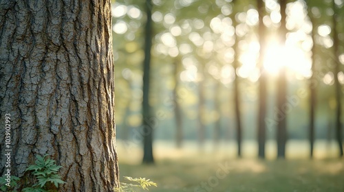 Tree trunk close-up with sunlight filtering through a lush forest background.